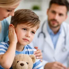 Chłopiec z pluszowym misiem trzyma się za ucho, wyraźnie cierpiąc. Mama go pociesza, a lekarz w tle bada. To zapalenie ucha u dziecka.