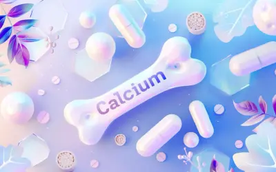 Biała kość z napisem "Calcium" otoczona tabletkami i kapsułkami. Symbolizuje zdrowie kości, ale też może nawiązywać do hiperkalcemii, gdy wapnia jest za dużo.