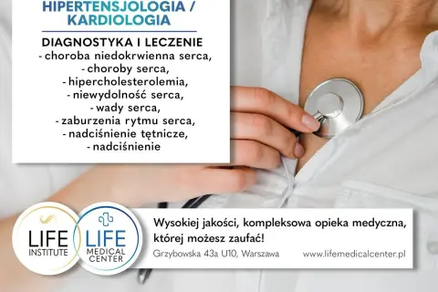 Dłoń lekarza zكزtem na piersi, obok tekst o kardiologii.