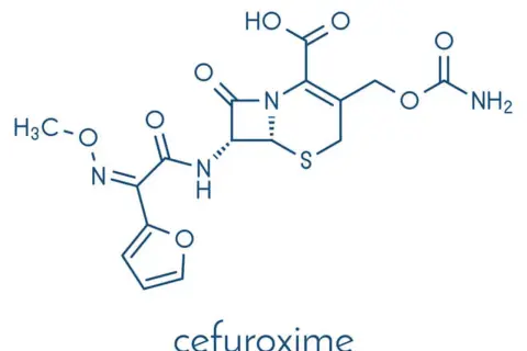 Struktura chemiczna cefuroksymu, antybiotyku z grupy cefalosporyn, znanego też jako Zinnat.