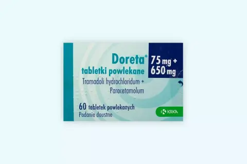 Opakowanie leku Doreta 75 mg + 650 mg, zawierające 60 tabletek powlekanych z tramadolem i paracetamolem.