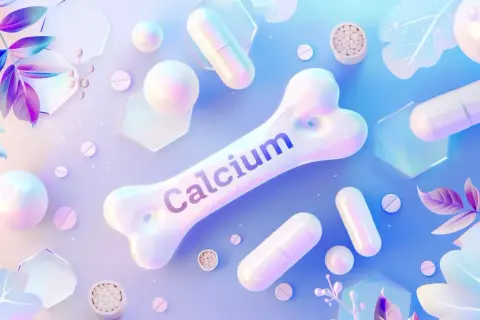 Biała kość z napisem "Calcium" otoczona tabletkami i kapsułkami. Symbolizuje zdrowie kości, ale też może nawiązywać do hiperkalcemii, gdy wapnia jest za dużo.