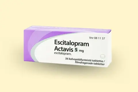 Opakowanie leku Escitalopram Actavis 5 mg, zawierające 56 tabletek.