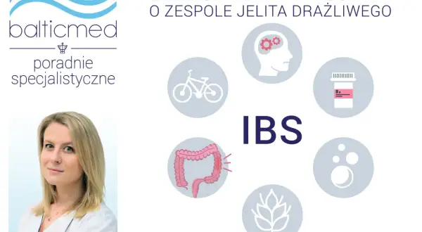 Lek. Sandra Majcher o zespole jelita drażliwego. Grafika przedstawia objawy IBS: ból brzucha, stres, dieta, leki, aktywność fizyczna.