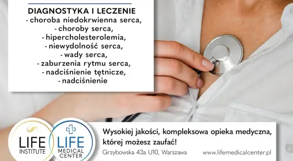 Dłoń lekarza zكزtem na piersi, obok tekst o kardiologii.