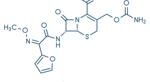 Struktura chemiczna cefuroksymu, antybiotyku z grupy cefalosporyn, znanego też jako Zinnat.