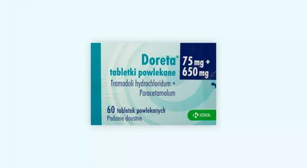 Opakowanie leku Doreta 75 mg + 650 mg, zawierające 60 tabletek powlekanych z tramadolem i paracetamolem.