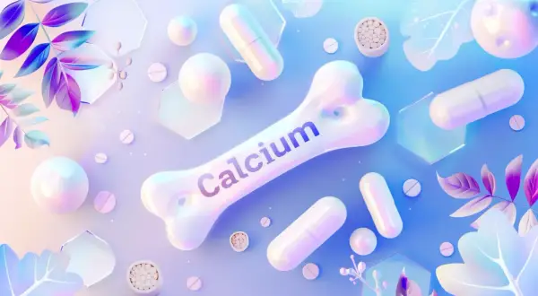 Biała kość z napisem "Calcium" otoczona tabletkami i kapsułkami. Symbolizuje zdrowie kości, ale też może nawiązywać do hiperkalcemii, gdy wapnia jest za dużo.