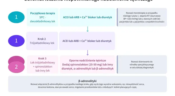 Schemat leczenia nadciśnienia: od terapii dwuskładnikowej, przez trójskładnikową, po dodanie spironolaktonu lub innych leków, gdy telmisartan nie wystarcza.