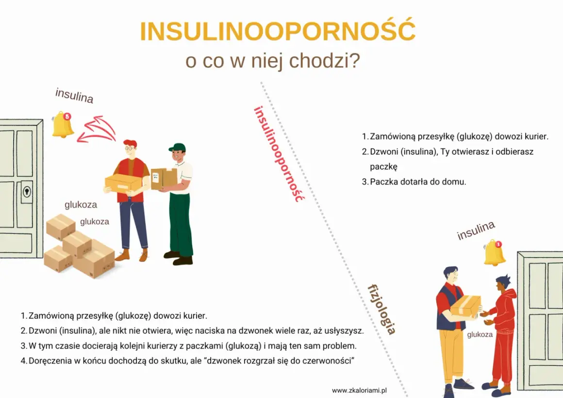 Insulinooporność objawy: kurier z glukozą dzwoni, ale insulina nie otwiera. Kolejne paczki z glukozą czekają.