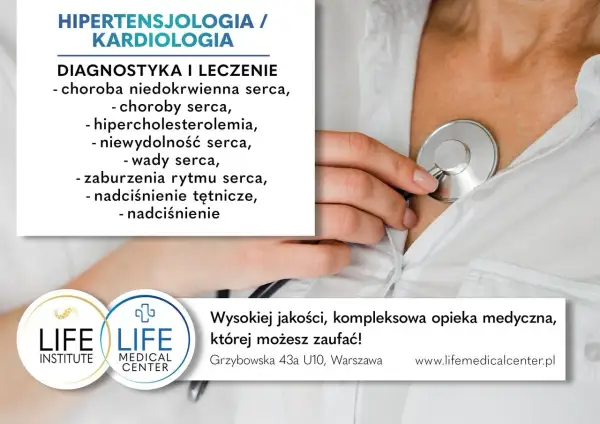 Dłoń lekarza zكزtem na piersi, obok tekst o kardiologii.
