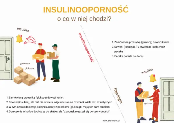 Insulinooporność objawy: kurier z glukozą dzwoni, ale insulina nie otwiera. Kolejne paczki z glukozą czekają.