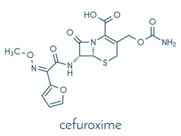 Struktura chemiczna cefuroksymu, antybiotyku z grupy cefalosporyn, znanego też jako Zinnat.