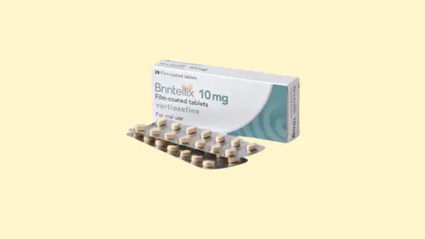 Opakowanie i blistry z tabletkami Brintellix 10 mg, leku zawierającego vortioxetynę, do stosowania doustnego.