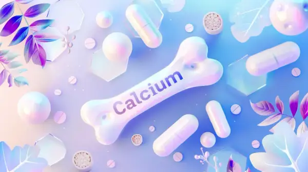 Biała kość z napisem "Calcium" otoczona tabletkami i kapsułkami. Symbolizuje zdrowie kości, ale też może nawiązywać do hiperkalcemii, gdy wapnia jest za dużo.